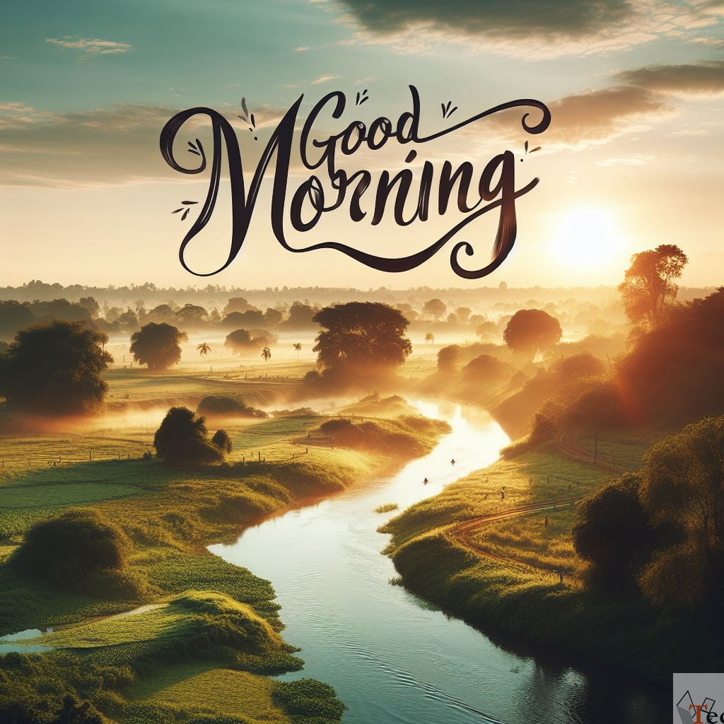 good morning image Text and sunrise and river side