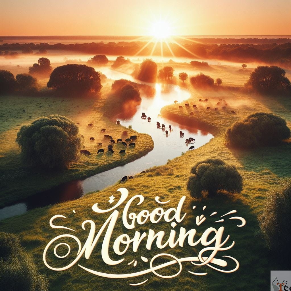 good morning image with Text and sunrise and river side